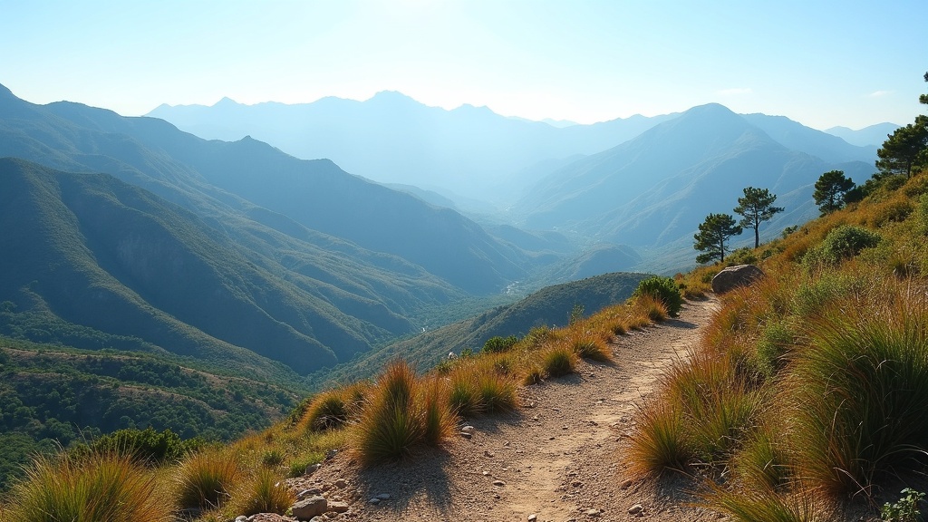 Paysage méditerranéen montrant des oliveraies et des montagnes côtières sous un ciel bleu, représentant les écosystèmes diversifiés de la Costa del Sol