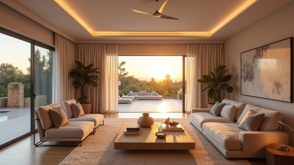 Villa moderne durable avec panneaux solaires et aménagement paysager méditerranéen natif sur la colline de la Costa del Sol
