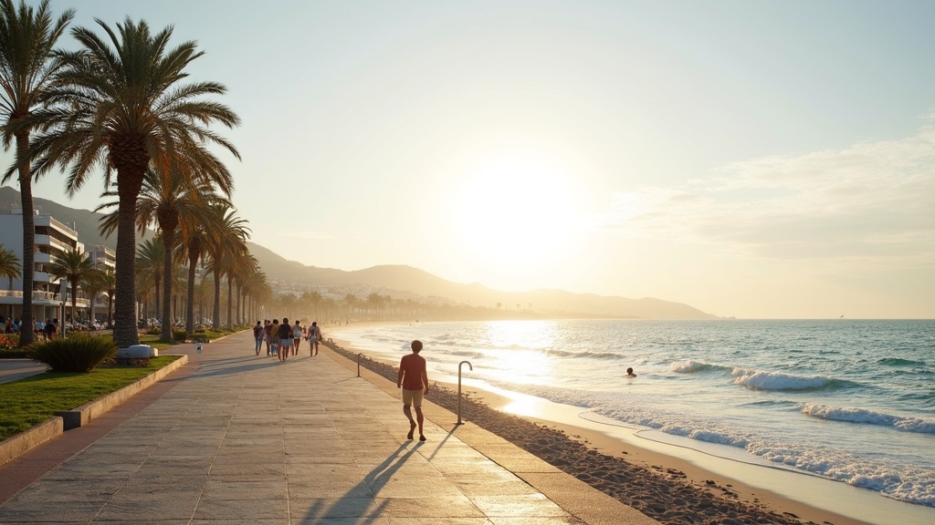 Zonnig mediterraan terras met uitzicht op de kustlijn van de Costa del Sol en bergen op de achtergrond, perfect klimaat voor gezond leven