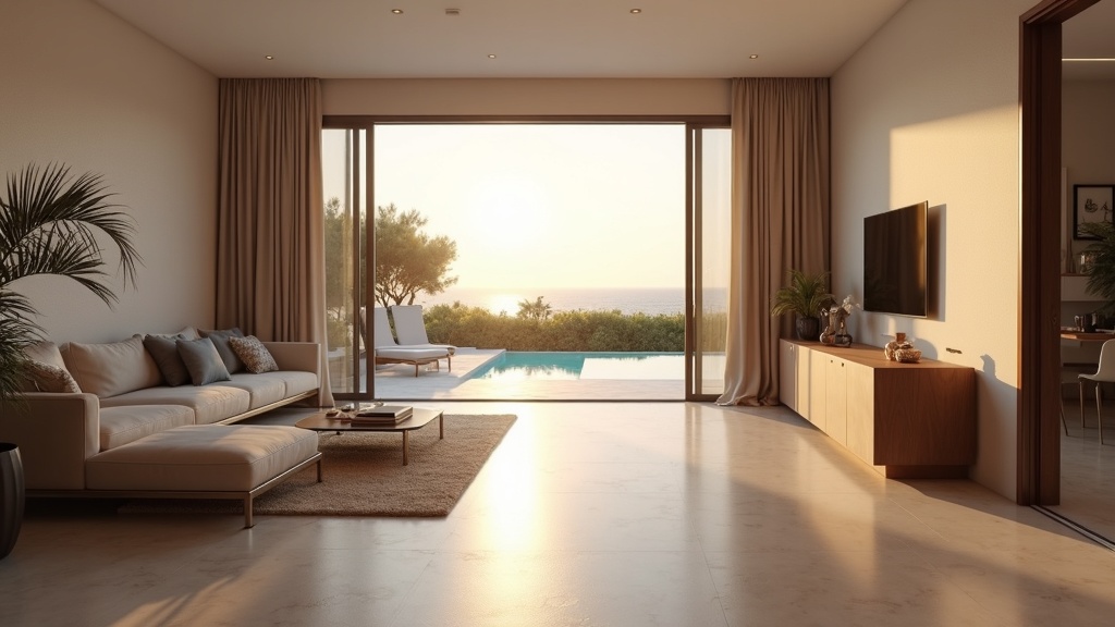 Terrasse de villa de luxe sur la Costa del Sol avec vue panoramique sur la mer baignée de soleil méditerranéen doré