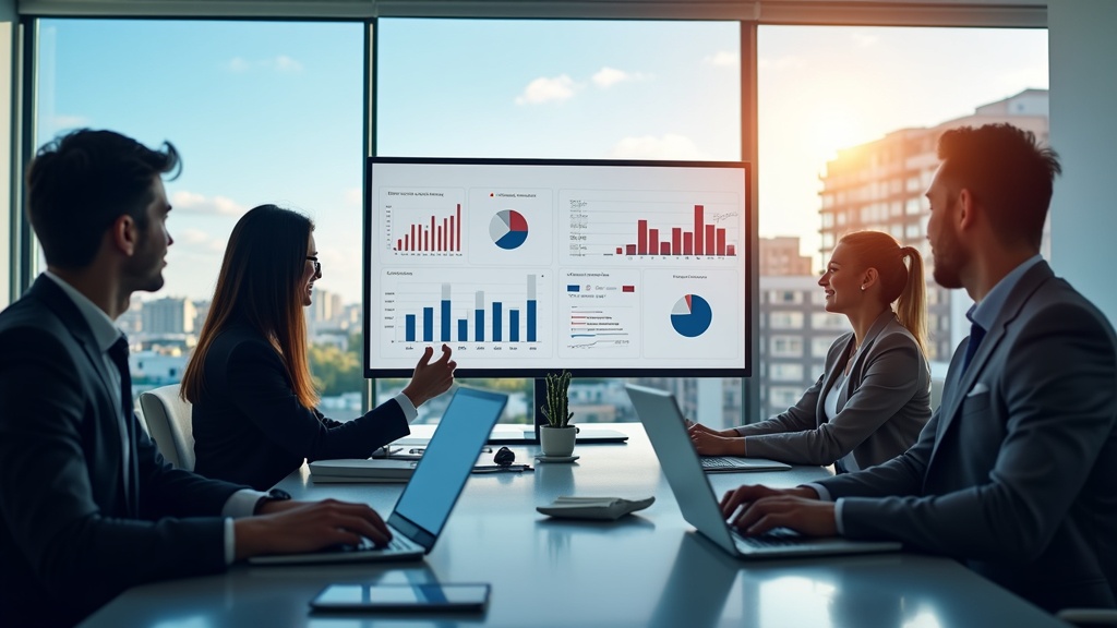 Zakelijke professionals analyseren gegevens over de vastgoedmarkt in Costa del Sol in een modern kantoor met uitzicht op de skyline en digitale displays.