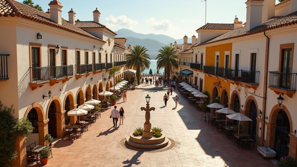 Vue aérienne d'une charmante place sur la Costa del Sol, mettant en valeur une architecture traditionnelle et des repas en plein air à la douce lumière de l'après-midi.