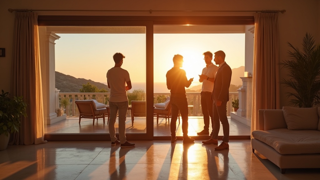 Fastighetsmäklare guidar internationella köpare genom en andalusisk lyxfastighet, med fokus på funktioner i en solnedgångsglöd. Finansiera fastighet, Costa del Sol.