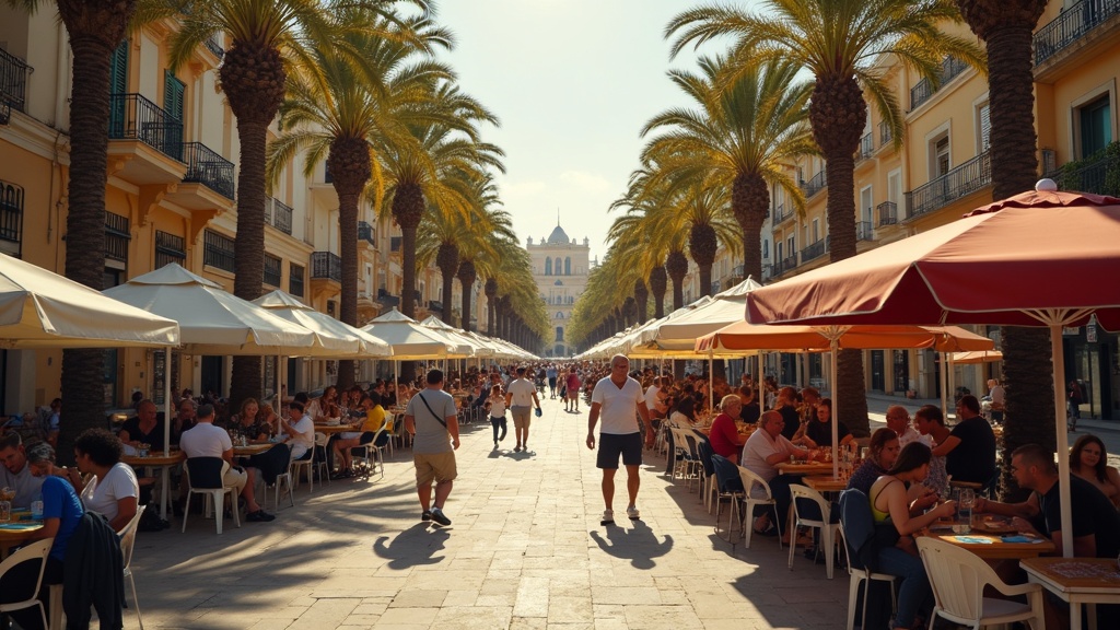 Marktscène in Málaga: expats genieten van de cafécultuur onder palmbomen. Ervaar het leven aan de kust en de connectiviteit van de Costa del Sol nabij de luchthaven Málaga.