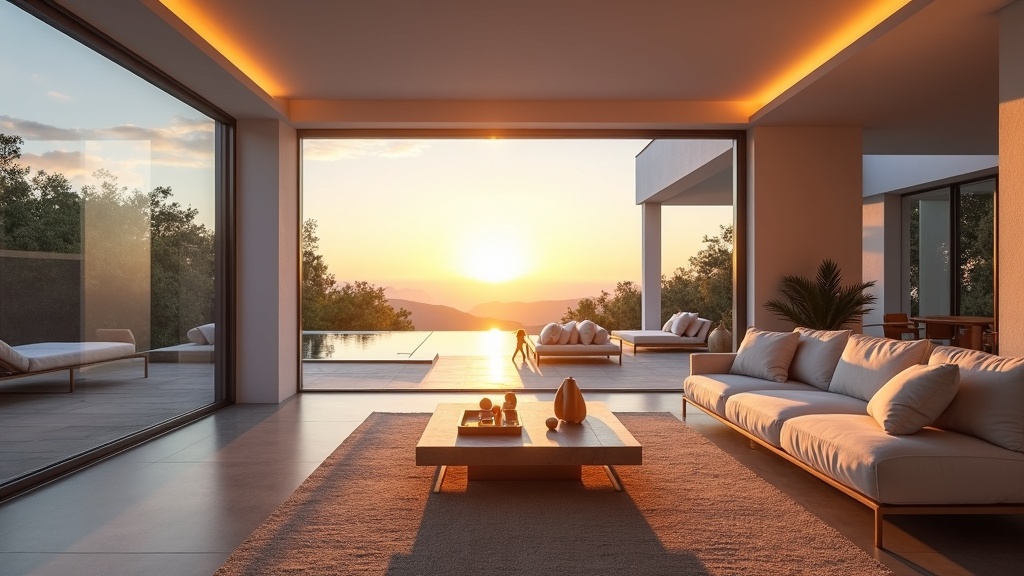 Elegantes Luxus-Wohnzimmer mit Sonnenuntergangslicht und Zugang zur Terrasse, ideal für Immobilieninvestoren in der Nähe des Flughafens Málaga, die überlegen, ob Immobilien in der Nähe des Flughafens Málaga eine gute Investition sind.