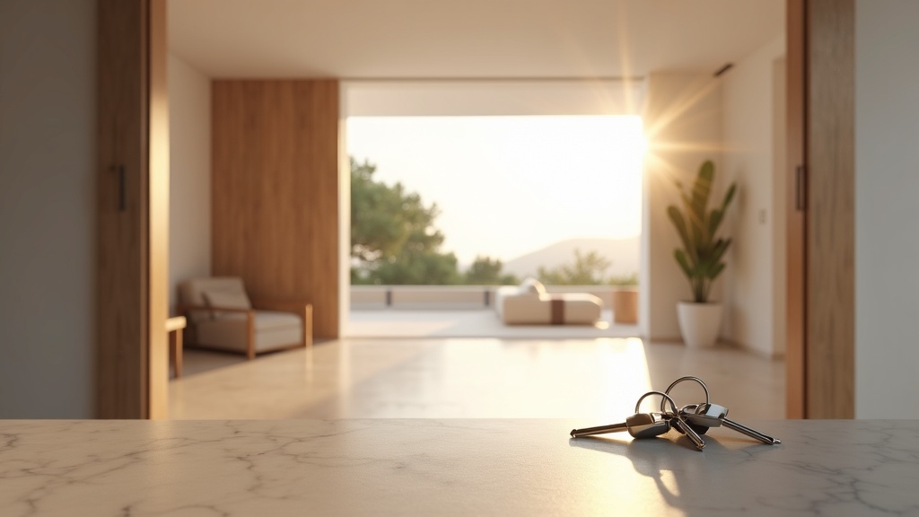 Propriété moderne prête à emménager près de l'aéroport de Málaga, immobilier de la Costa del Sol 2025. Intérieur luxueux, clés sur la table, consultation professionnelle.