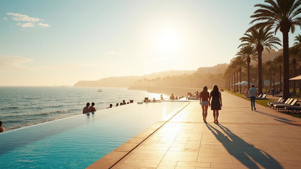 Crystal clear Mediterranean coastline with mountain backdrop showing Costa del Sol's pristine environment and clean air conditions