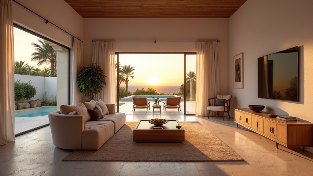 Immobilien für aktive Lebensweise Costa del Sol: Großzügiges Wohnzimmer mit Meerblick, luxuriöser Ausstattung und Terrassenzugang.
