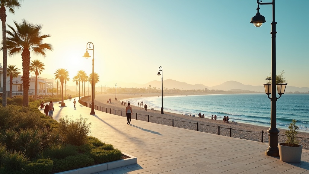Panoramablick auf die Küste der Costa del Sol mit dem Mittelmeer, zeigt sonnigen blauen Himmel und Bergkulisse