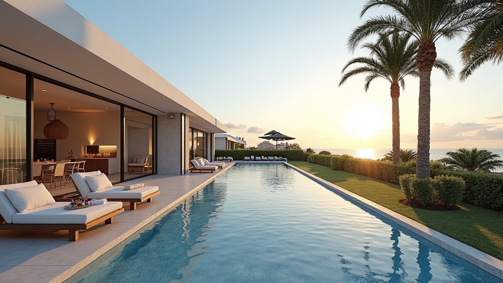 Ein hyper-realistisches, filmisches Foto der Küste der Costa del Sol — aufgenommen von einer sonnigen Dachterrasse in Estepona oder Marbella