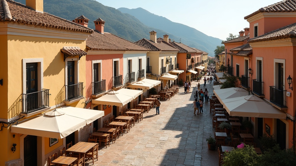 Panoramic view of white Andalusian village with Mediterranean Sea and Sierra Bermeja mountains backdrop