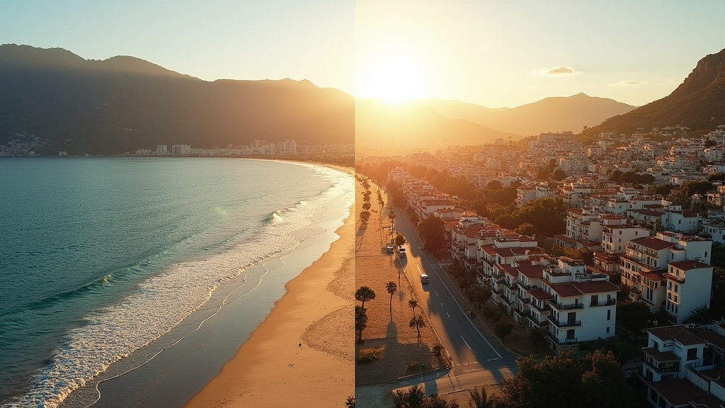 Konzeptionelles Split-Screen, das verschiedene Orte an der Costa del Sol bei Sonnenuntergang zeigt und die beste Zeit für einen Besuch inspiriert.