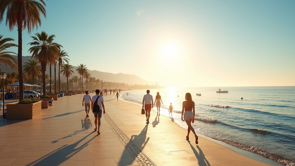 Stunning Costa del Sol coastline with bright sunshine, blue Mediterranean waters, and white sandy beaches