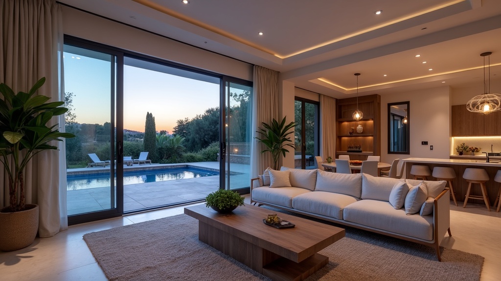 Mediterranean villa with native landscaping and solar panels overlooking Costa del Sol mountains and sea