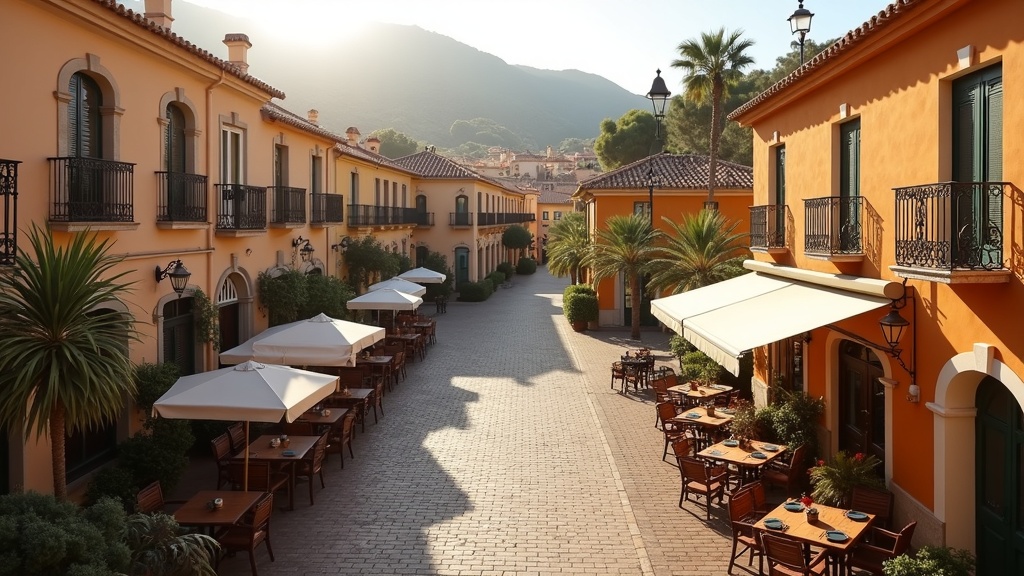 Panoramic Mediterranean sea view from luxury Costa del Sol terrace with mountain backdrop at sunset