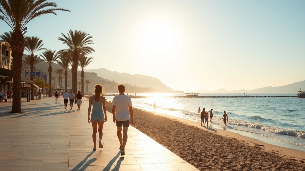 Oszałamiający deptak plażowy w Costa del Sol, ukazujący tętniący życiem styl życia i idealne lokalizacje luksusowych willi w Costa del Sol.