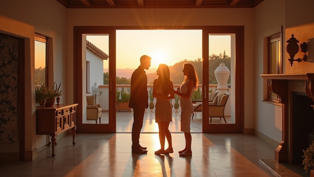 Ein Immobilienmakler zeigt eine andalusische Luxusvilla an der Costa del Sol, während Kunden während einer Sonnenuntergangsbesichtigung die Merkmale erkunden.