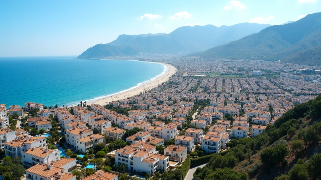 Panoramavy över Costa del Sols kustlinje som visar gyllene stränder, Medelhavet och bergsbakgrund under klara, soliga himlar