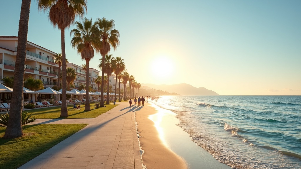 Person taking deep breath of fresh sea air on Costa del Sol beach with mountain backdrop