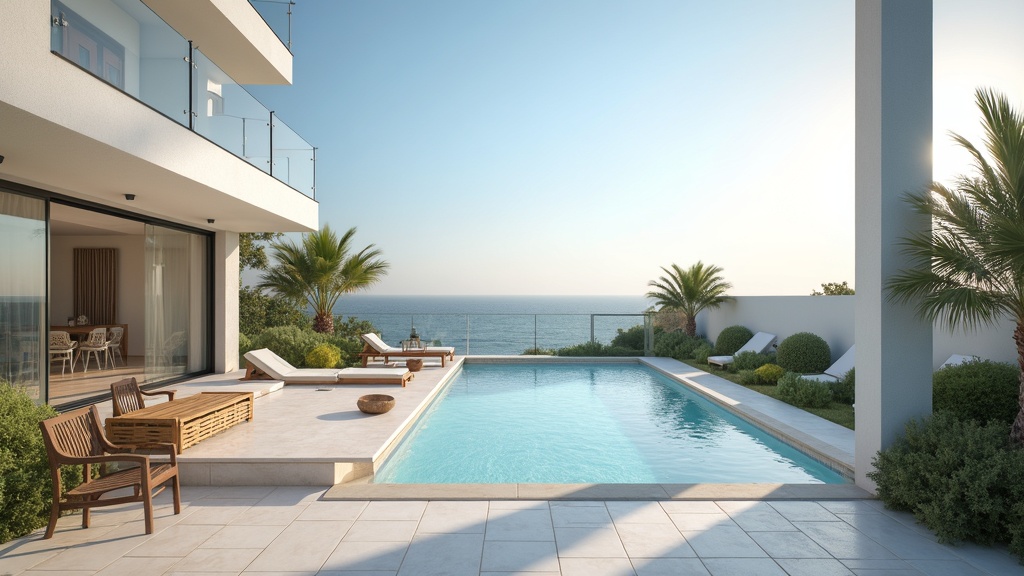 Modern nybyggd lägenhetskomplex med pool och havsutsikt på Costa del Sol, som visar lyxig medelhavsarkitektur