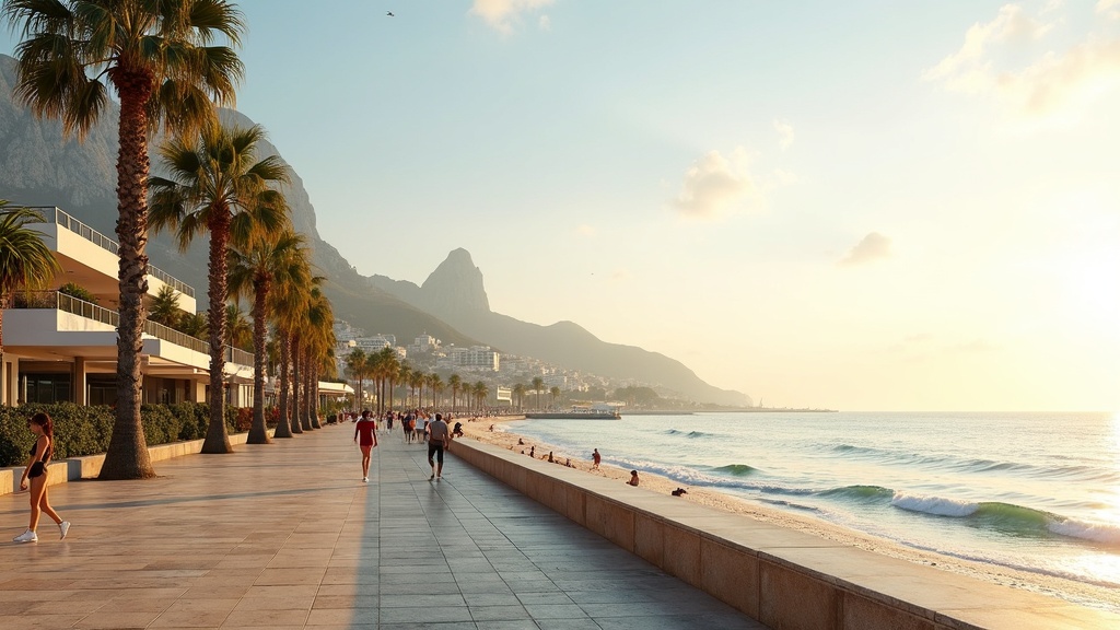 Küstenleben für britische Rentner an der Costa del Sol: Strandpromenade, Palmen & Meer im goldenen Licht.