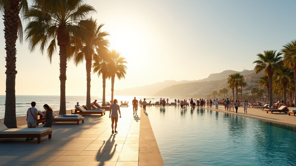 Vue aérienne de la côte de Marbella montrant des plages baignées de soleil et les montagnes de la Sierra Blanca créant un microclimat optimal