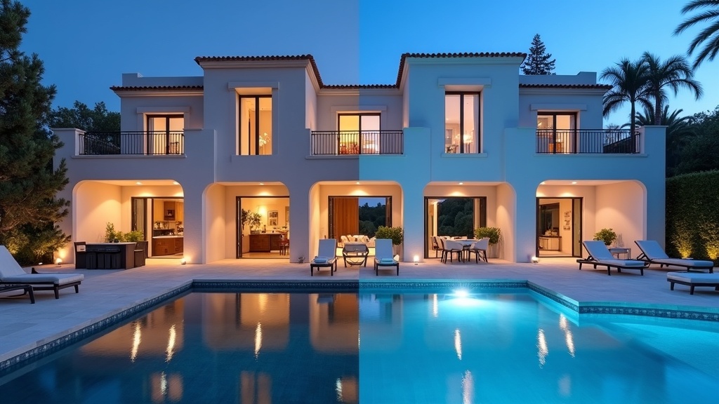 Luxury Costa del Sol villas with pools under bright sunshine, comparing Marbella, Estepona and Sotogrande locations