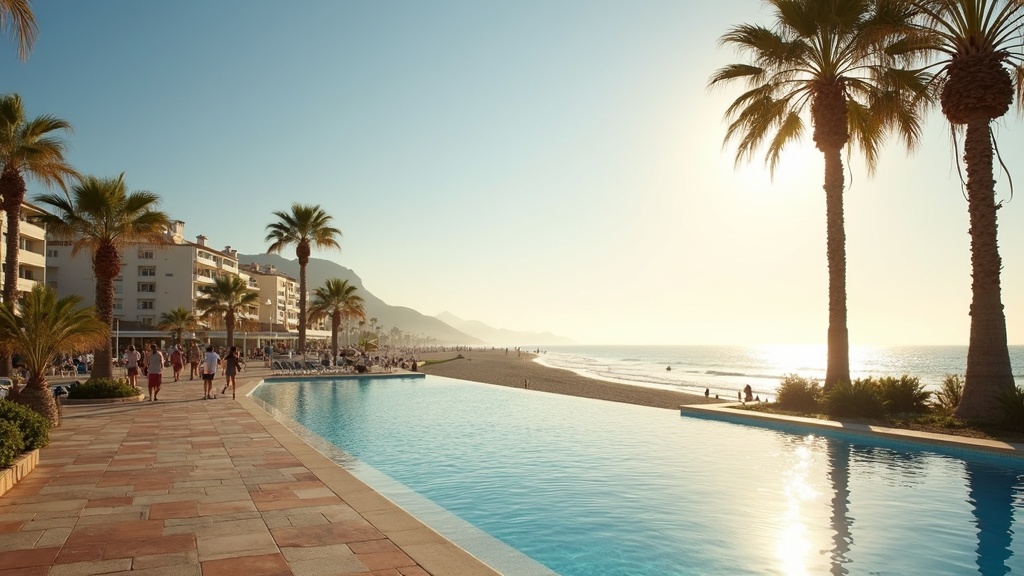 Panoramablick auf die Küste der Costa del Sol mit dem Mittelmeer und Gebirgen, die die doppelte Landschaft von Estepona zeigen
