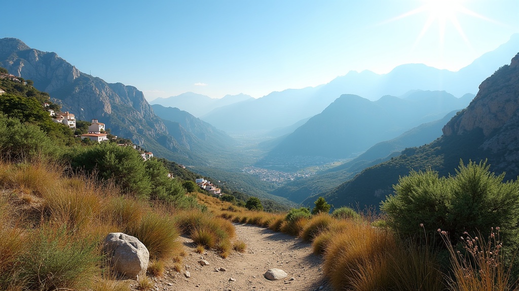 Panoramic view from Costa del Sol terrace showing Mediterranean Sea, mountain ranges, and Gibraltar coastline