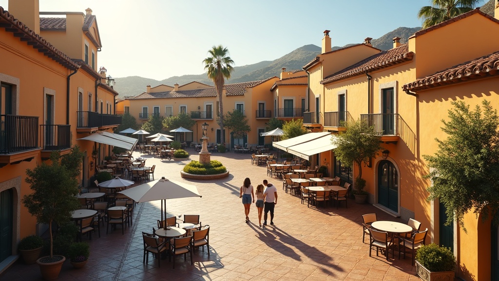 Luxurious Costa del Sol terrace overlooking Mediterranean Sea with mountain backdrop and modern outdoor furniture