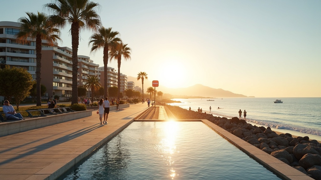 Costa del Sols strand med palmer som visar medelhavsklimatets kontrast mellan solig kustlinje och berg