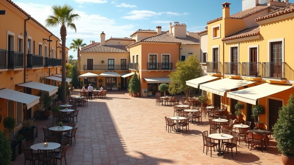 Solig kustlinje av Costa del Sol med palmer, som visar det milda medelhavsklimatet och bergsbakgrund.