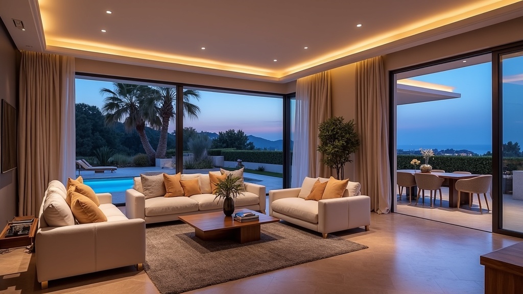 Ruime Spaanse luxe woonkamer: waar te wonen aan zee met bergzicht Costa del Sol. Moderne meubels, toegang tot het terras.