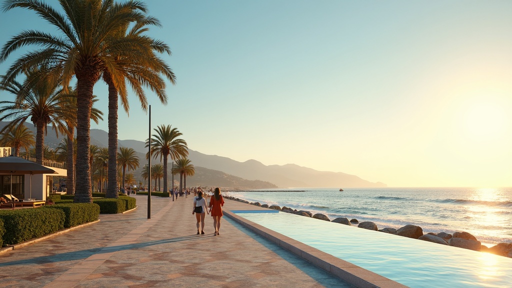 Vue sur la mer Méditerranée depuis la terrasse d'une propriété à Costa del Sol avec coin repas extérieur et arrière-plan montagneux