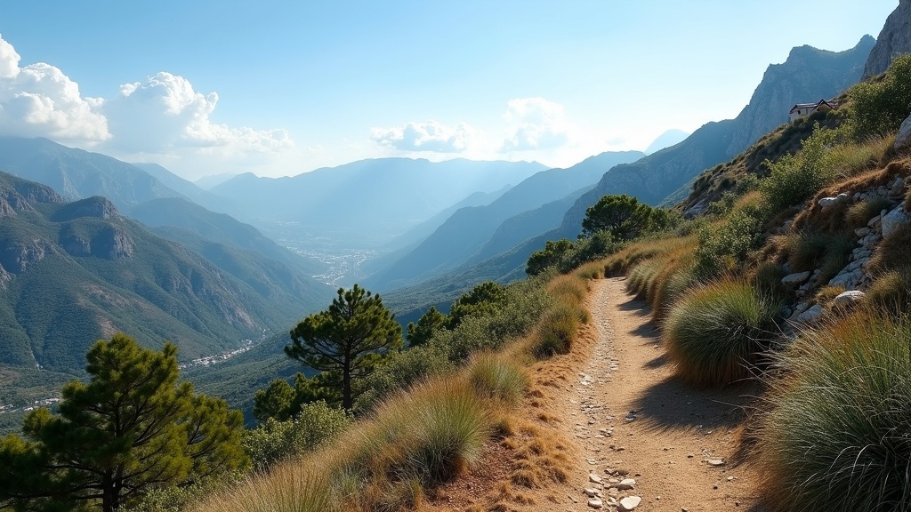 Montagnes de Sierra Blanca et sentiers de randonnée sur la Costa del Sol sous un ciel méditerranéen ensoleillé.