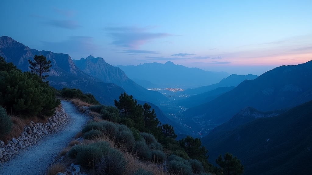 Sierra Blanca Berge zur blauen Stunde, inspirierender Lebensstil an der Costa del Sol, Wanderwege und Natur.