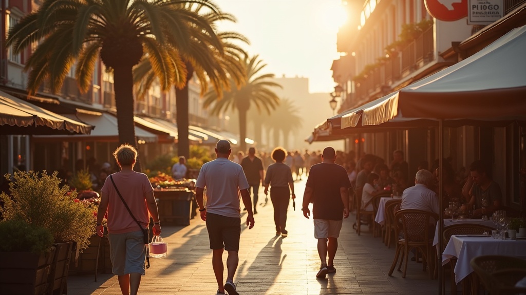 Expats genießen einen lebhaften Bon Vivant Lebensstil an der Costa del Sol auf einem sonnigen Markt im Freien und umarmen die lokale Kultur.