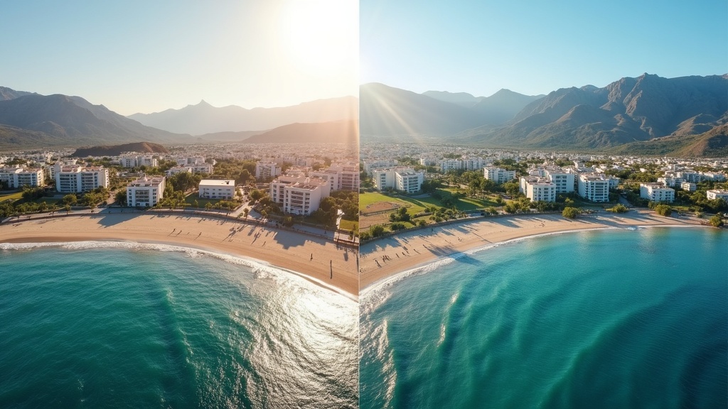 Vie en plein air sur la Costa del Sol : ville balnéaire vibrante contre village de montagne serein, styles de vie inspirants.