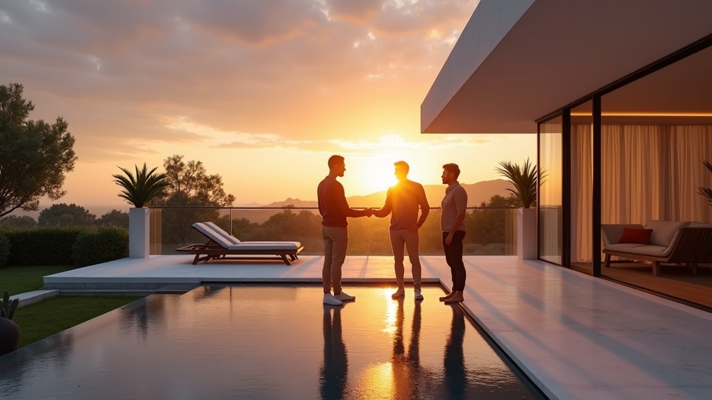 Guide saisonnier de la Costa del Sol : Acheteurs internationaux découvrent l'intérieur d'une propriété de luxe élégante au coucher du soleil, explorant des options de style de vie.