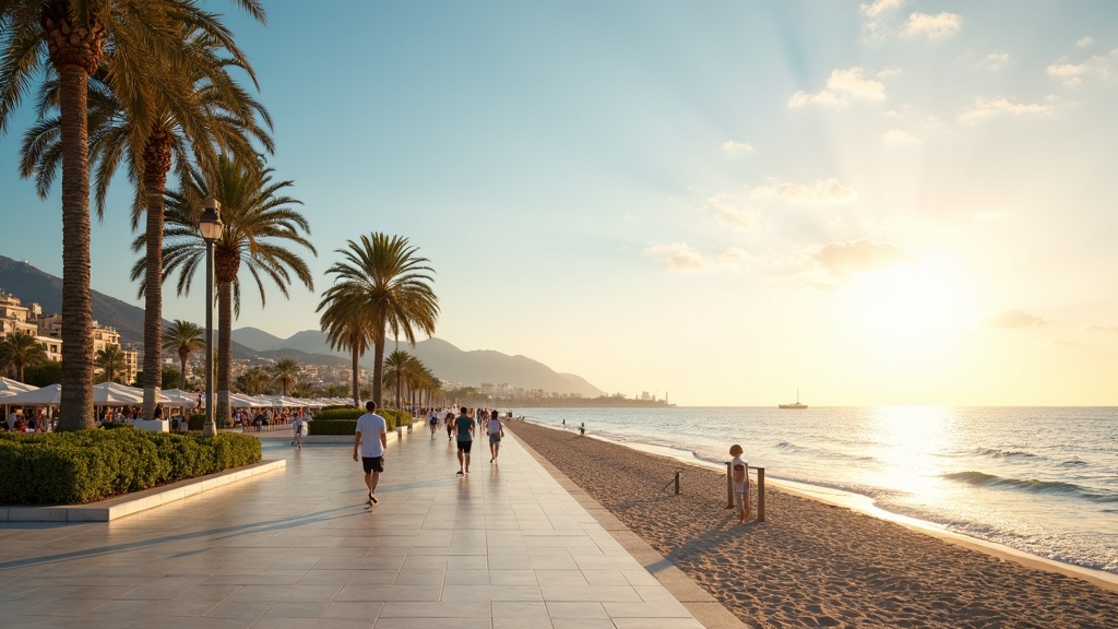 Solig kustlinje vid Costa del Sol med klara blå himlar, som visar regionens rikliga sol och medelhavsklimat