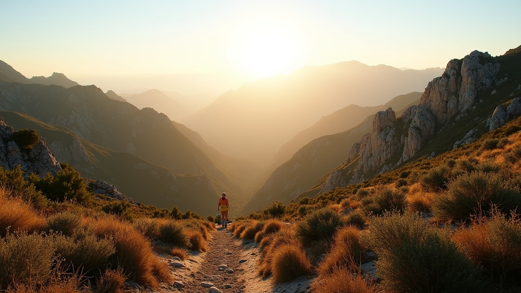 Lumière de l'heure dorée sur les montagnes de Sierra Blanca, inspirant l'aventure pour découvrir les plages secrètes de la Costa del Sol.