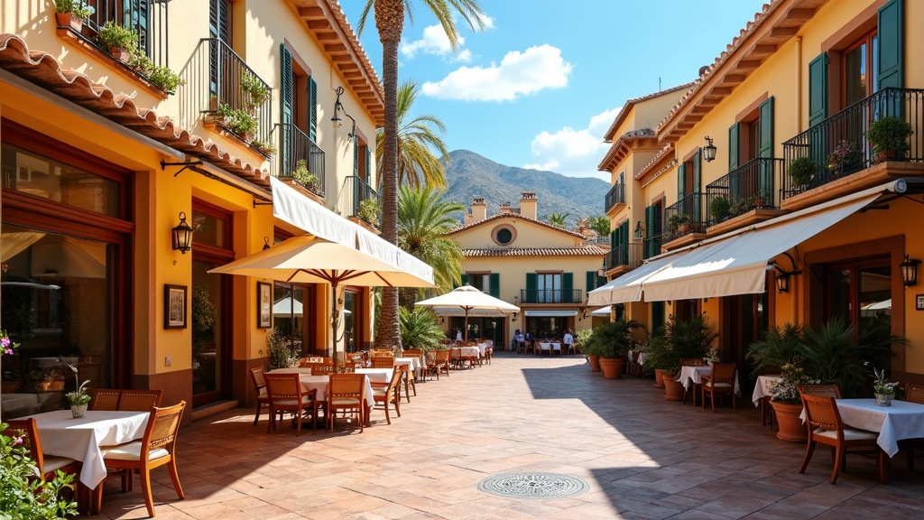 Charmante Plaza an der Costa del Sol, perfekt für das Erleben lokaler Feste in Andalusien. Genießen Sie traditionelle Architektur und Essen im Freien.