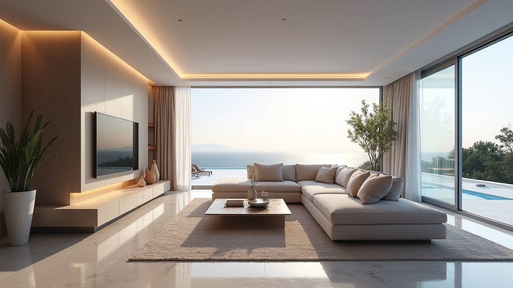 Luxe villa woonkamer bij zonsopgang, met Mediterraan design voor authentieke Costa del Sol vakanties.