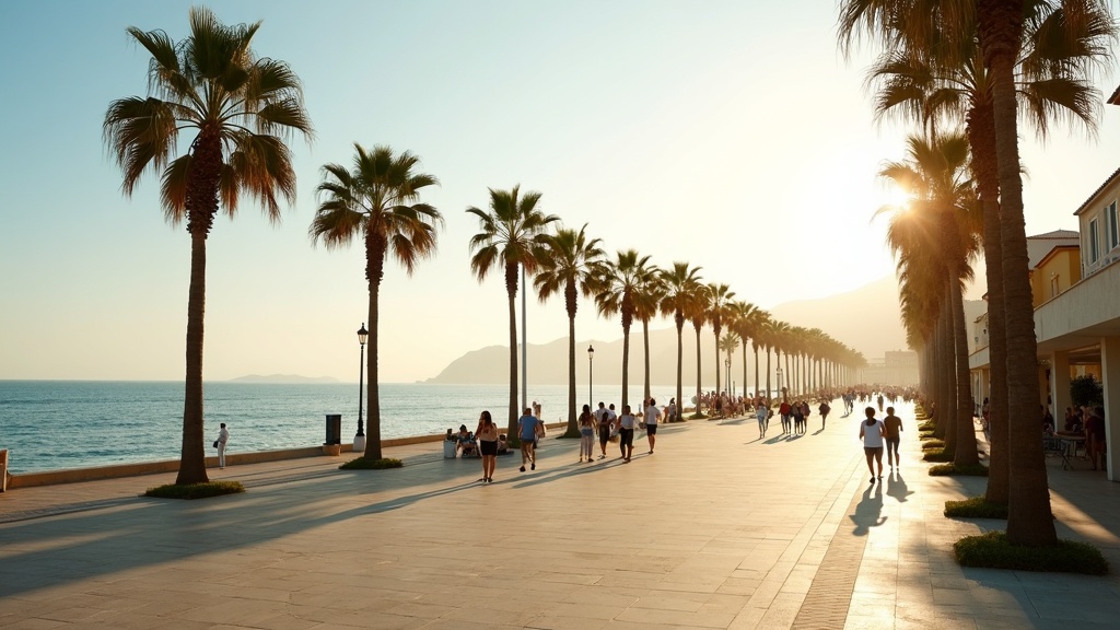 Solig terrass i Costa del Sol på vintern med människor som äter utomhus, berg och Medelhavet i bakgrunden