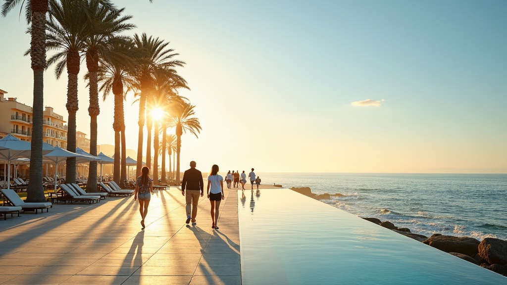 Panoramiczny widok na wybrzeże Costa del Sol z czystymi, niebieskimi wodami Morza Śródziemnego i górskim tłem