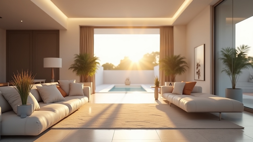 Luxury Mediterranean villa with infinity pool overlooking Costa del Sol coastline and mountains at sunset