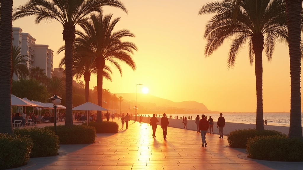 Bien-être Costa del Sol : Promenade au coucher du soleil sur une promenade de plage, inspirant des spas de luxe en Espagne et un style de vie côtier.