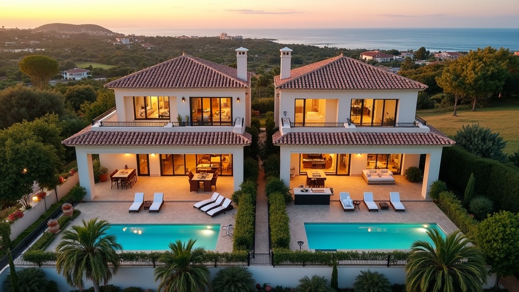 Deux stations thermales de luxe à Marbella, Costa del Sol : comparaison architecturale, intérieure et de prix côte à côte, lueur ambre chaude.