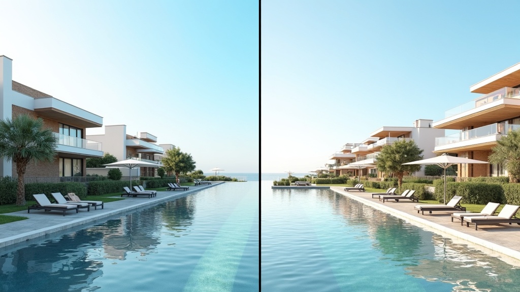 Split-Screen-Vergleich: moderne städtische vs. strandnahe traditionelle Architektur für Investitionsimmobilien in Marbella.