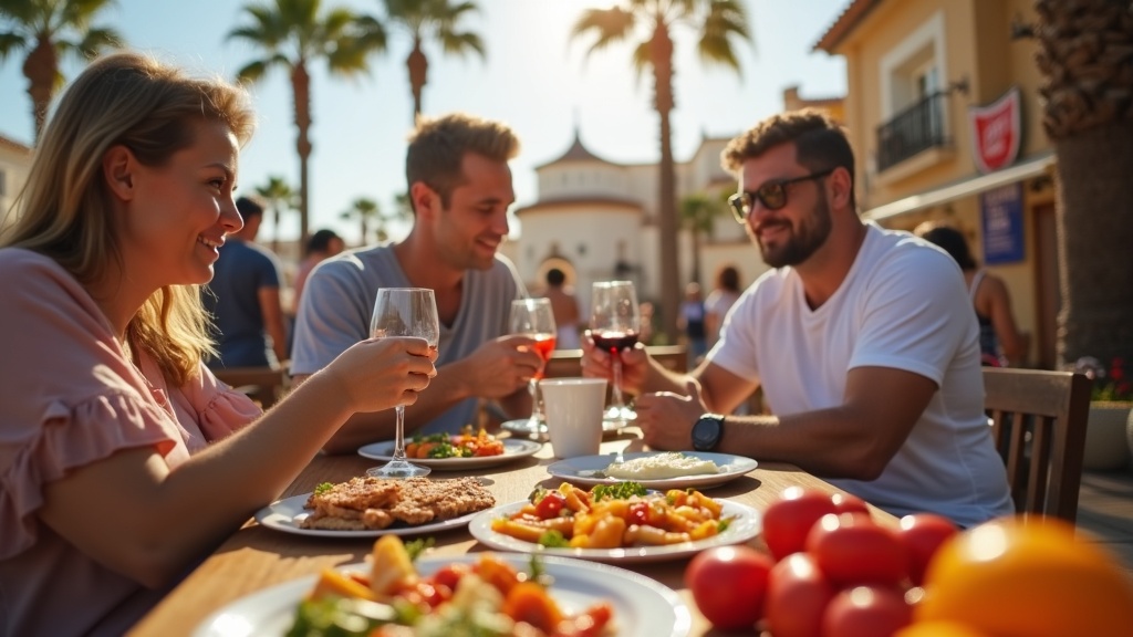 Des expatriés profitant de la vie espagnole authentique sur le marché de la Costa del Sol, mettant en valeur les aspects de style de vie liés à la navigation dans le droit immobilier espagnol sur la Costa del Sol.